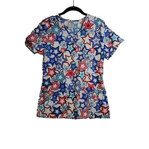 Scrubstar Top Size S Womens Red White Blue Short Sleeve V Neck Scrub 4th July